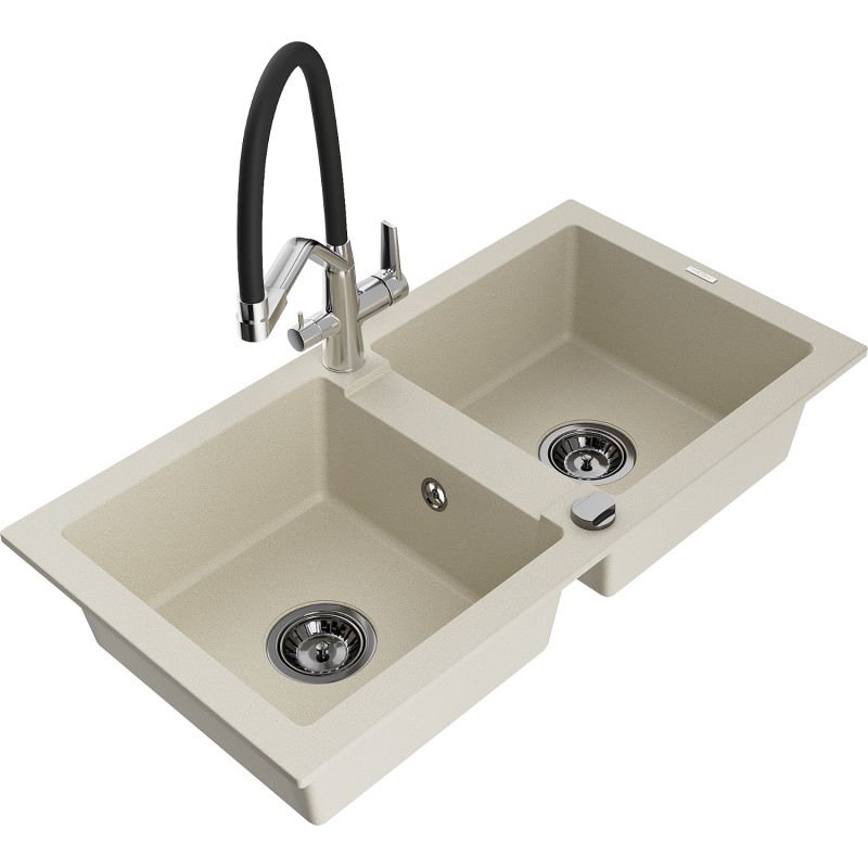 Zlewozmywak granitowy 2-komorowy Mexen Mario z baterią kuchenną Duo beżowy 6504-69-671701-07-B