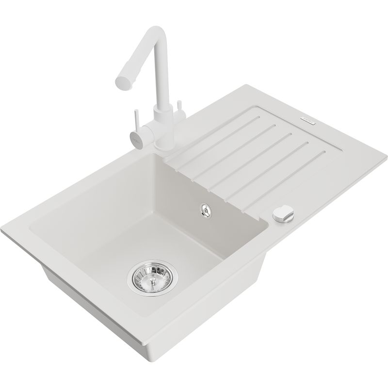 Zlewozmywak granitowy 1-komorowy Mexen Pablo z ociekaczem i baterią kuchenną Duero biały 6510-20-671600-20