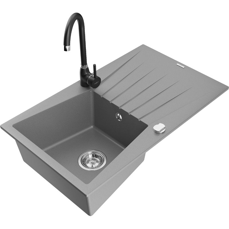 Zlewozmywak granitowy 1-komorowy Mexen Cesar z ociekaczem i baterią kuchenną Telma szary - 6514-71-670200-50 1 szt.