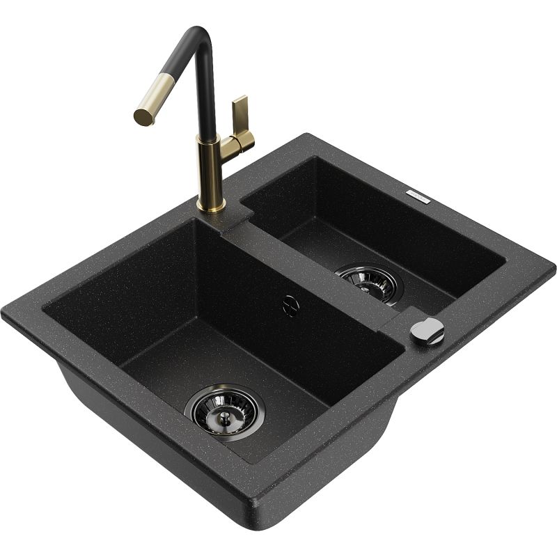 Zlewozmywak granitowy 1.5-komorowy Mexen Carlos z baterią kuchenną Flora czarny/srebrny metalik 6518-73-670401-57-B