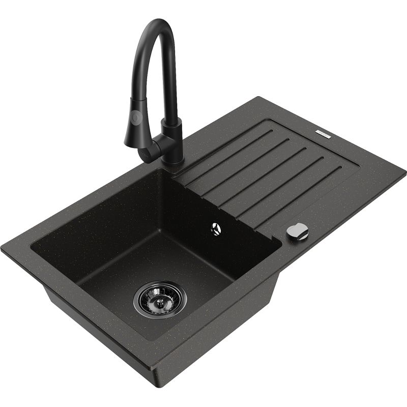 Zlewozmywak granitowy 1-komorowy Mexen Pablo z ociekaczem i baterią kuchenną Elia czarny/złoty metalik 6510-75-670101-70-B