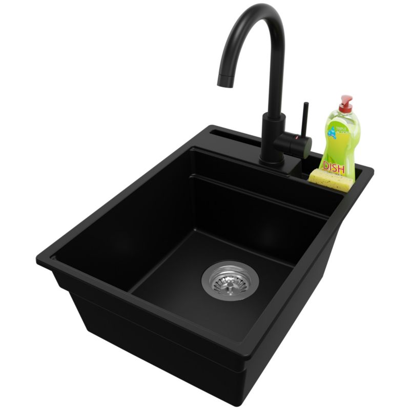 Zlewozmywak Granitowy Oslo Pocket PRIMAGRAN Nablatowy 38x53cm do szafki od 40cm z Syfonem i Baterią Czarny 1 szt.