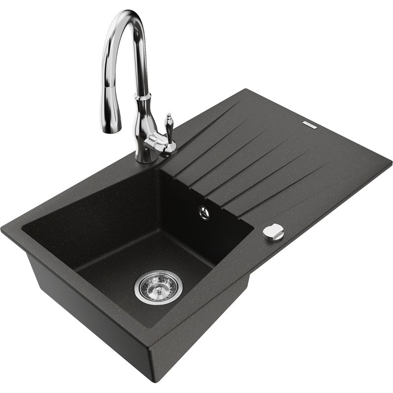 Zlewozmywak granitowy 1-komorowy Mexen Cesar z ociekaczem i baterią Savita czarny/złoty metalik - 6514-75-672601-70 1 szt.