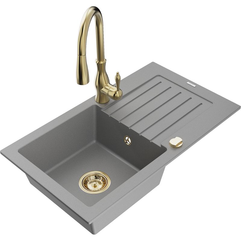 Zlewozmywak granitowy 1-komorowy Mexen Pablo z ociekaczem i baterią kuchenną Savita szary 6510-71-672601-50