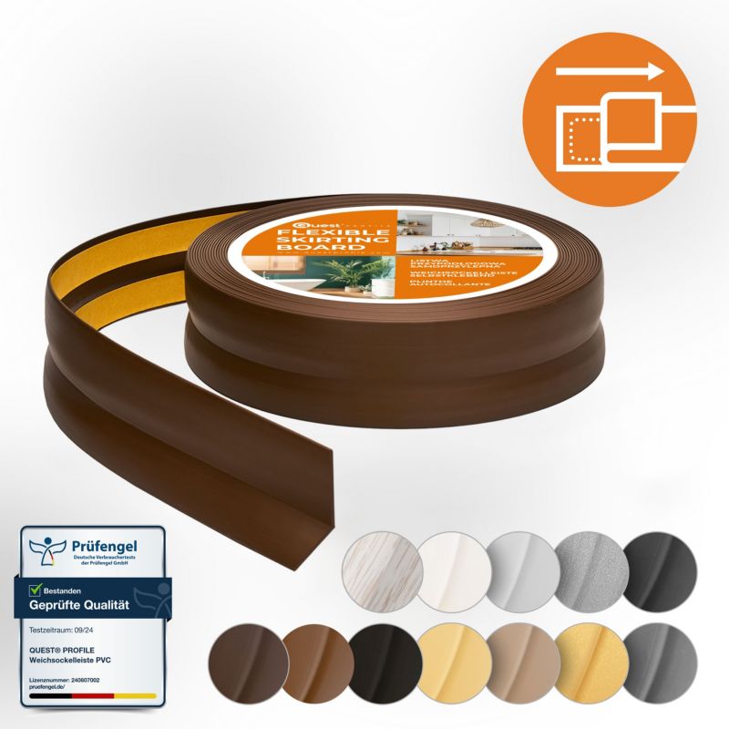 Listwa wykończeniowa PCV 15x15mm, QUEST, samoprzylepna, elastyczna, miękka taśma dekoracyjna, ciemny brąz, 15m