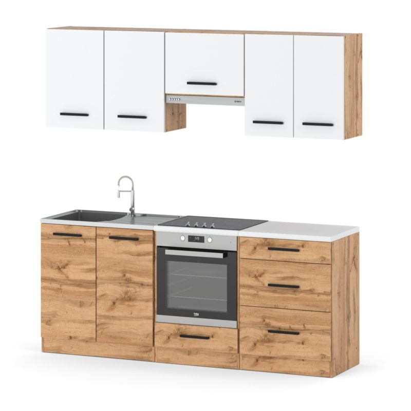 Zestaw Kuchenny Hurtownia-Mebli Z Blatem Kuchnia Mini Mokka Full 200cm Dąb Wotan Biały Mat/Dąb Wotan 200x47x145 cm 1szt.