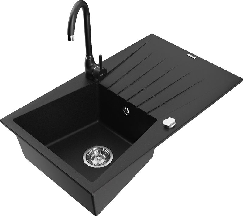 Zlewozmywak granitowy Mexen Cesar 1-komorowy z ociekaczem i baterią kuchenną Telma czarny - 6514-77-670200-50 1 szt.