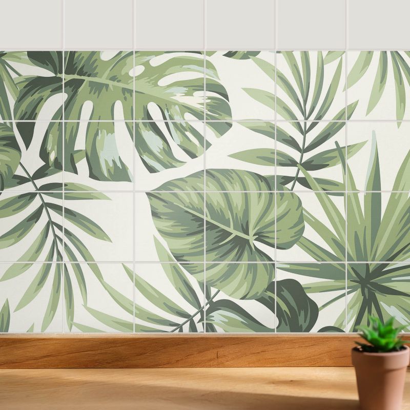 Naklejki na ścianę do kuchni Wallfluent 15x15 cm Liście tropikalne w aranżacji odświeżenie kafelek 24 szt.