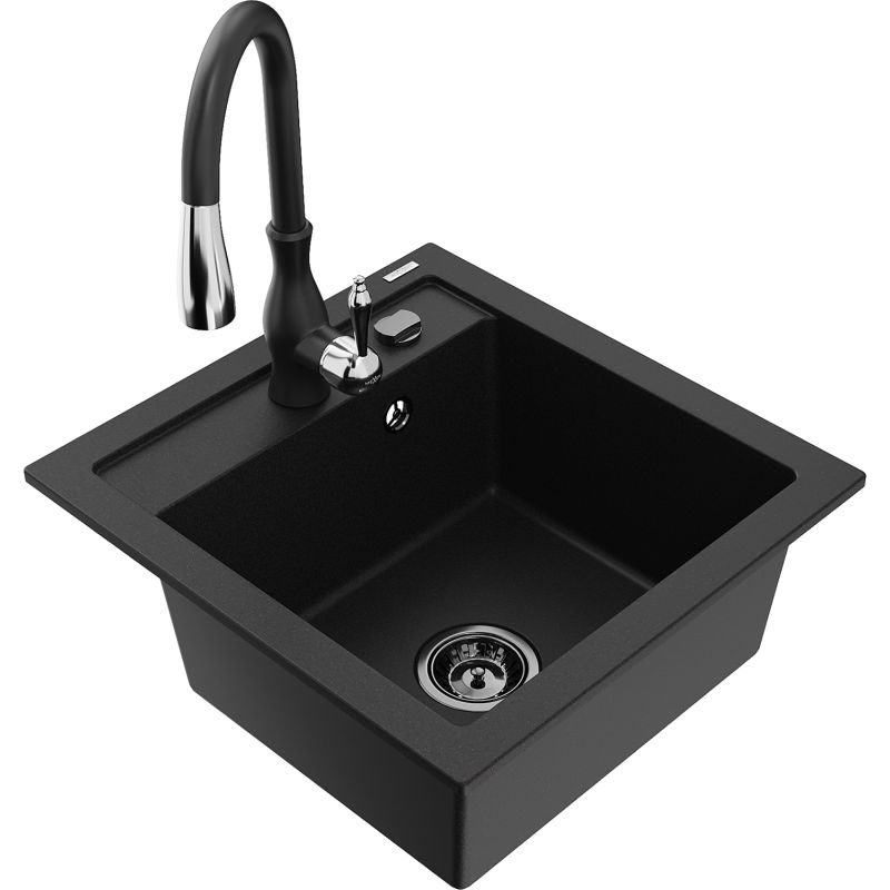 Zlewozmywak granitowy 1-komorowy Mexen Vito z baterią kuchenną Savita czarny 6503-77-672601-70-B