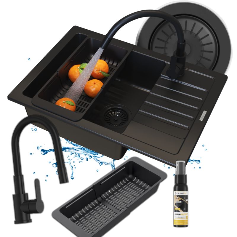 Zlew Granitowy Kuchenny Jednokomorowy Granitan Argos Czarny Bateria Syfon koszyk 1kpl.