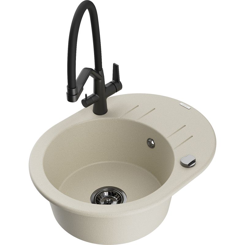 Zlewozmywak granitowy 1-komorowy Mexen Kevin z baterią kuchenną Duo biały - 6517-20-671701-70-B 1 szt.