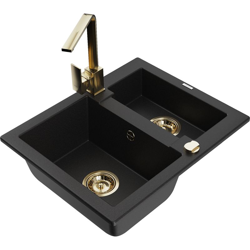 Zlewozmywak granitowy 1.5-komorowy Mexen Carlos z baterią kuchenną Rita czarny 6518-77-670300-50
