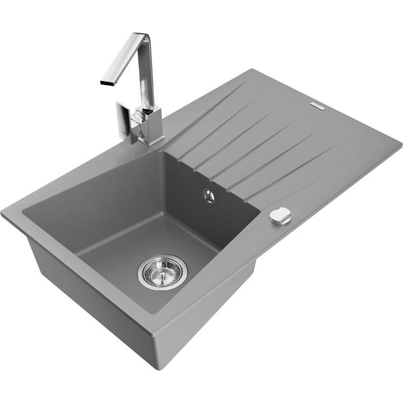 Zlewozmywak granitowy 1-komorowy Mexen Cesar z ociekaczem i baterią kuchenną Rita szary - 6514-71-670300-70-B 1 szt.