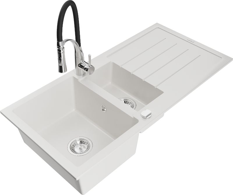 Zlewozmywak granitowy Mexen Andres 1,5-komorowy z ociekaczem i baterią kuchenną Aster biały 6515-20-73450-07