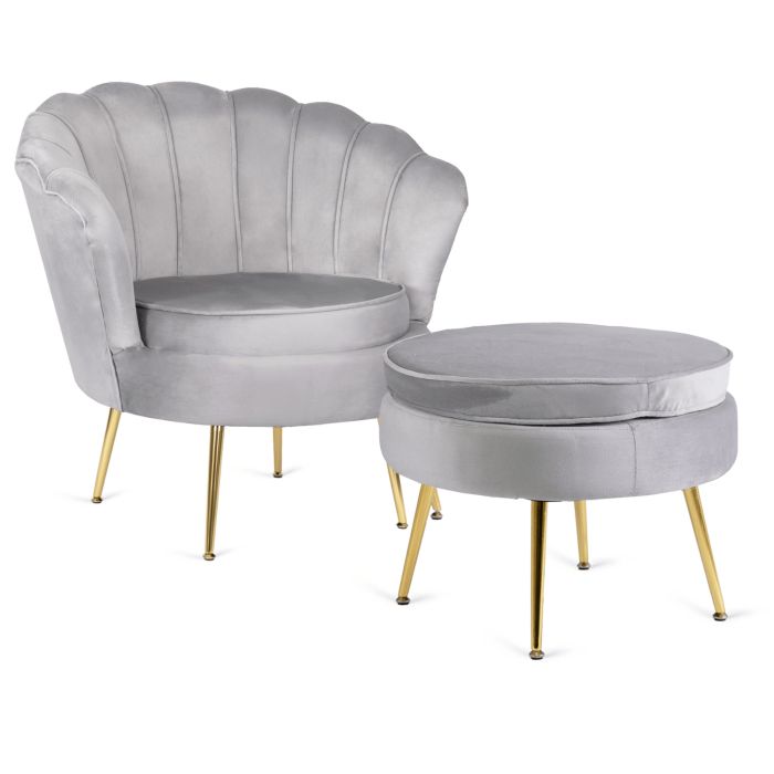 Fotel Wypoczynkowy Grand Mebel Elite z Podnóżkiem Muszelka Szary Welurowy 1 szt