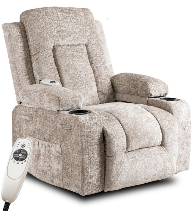 Fotel Mebel Elite BOX Masujący Rozkładany Wypoczynkowy z Podnóżkiem Beżowy Welurowy 1 szt