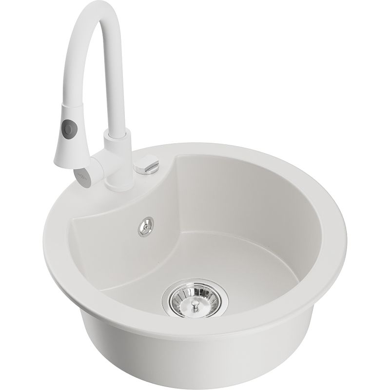 Zlewozmywak granitowy 1-komorowy Mexen Diego z baterią kuchenną Elia biały 6512-20-670101-20