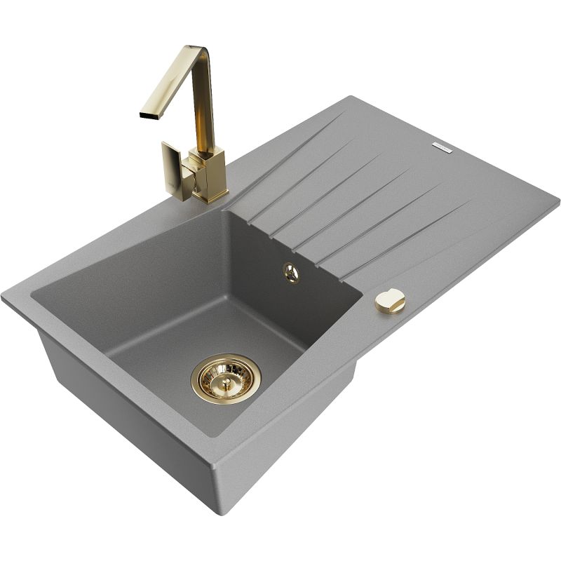 Zlewozmywak granitowy 1-komorowy Mexen Cesar z ociekaczem i baterią kuchenną Rita szary - 6514-71-670300-70 1 szt.