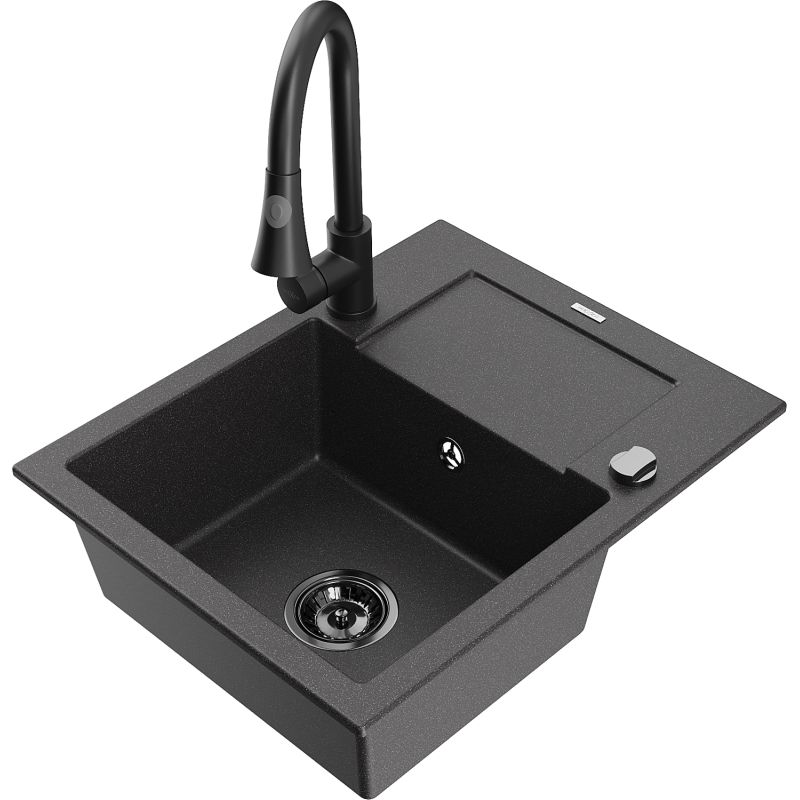 Zlewozmywak granitowy 1-komorowy Mexen Enzo z ociekaczem i baterią kuchenną Elia czarny nakrapiany 6506-76-670101-70-B