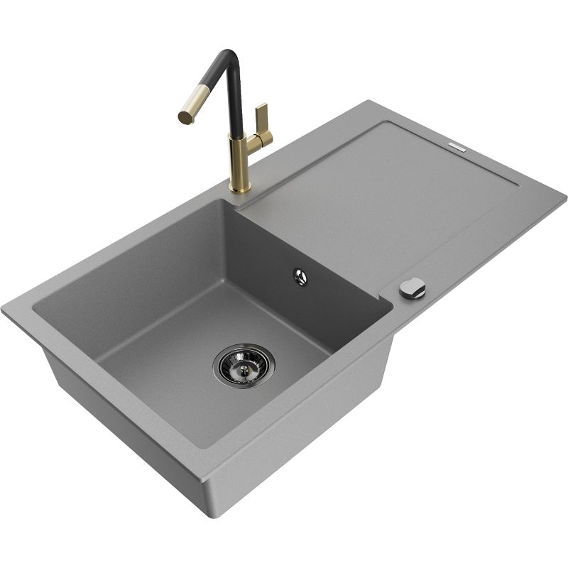 Zlewozmywak granitowy 1-komorowy Mexen Leo z ociekaczem i baterią kuchenną Flora szary 6501-71-670401-57-B