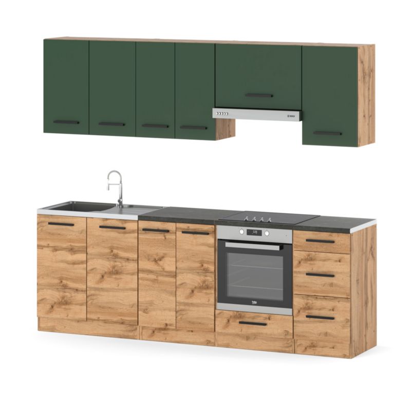 Zestaw Kuchenny Hurtownia-Mebli Z Blatem Kuchnia Mokka Plus 240cm Dąb Wotan Butelkowa Zieleń/Dąb Wotan 240x47x145 cm 1szt.
