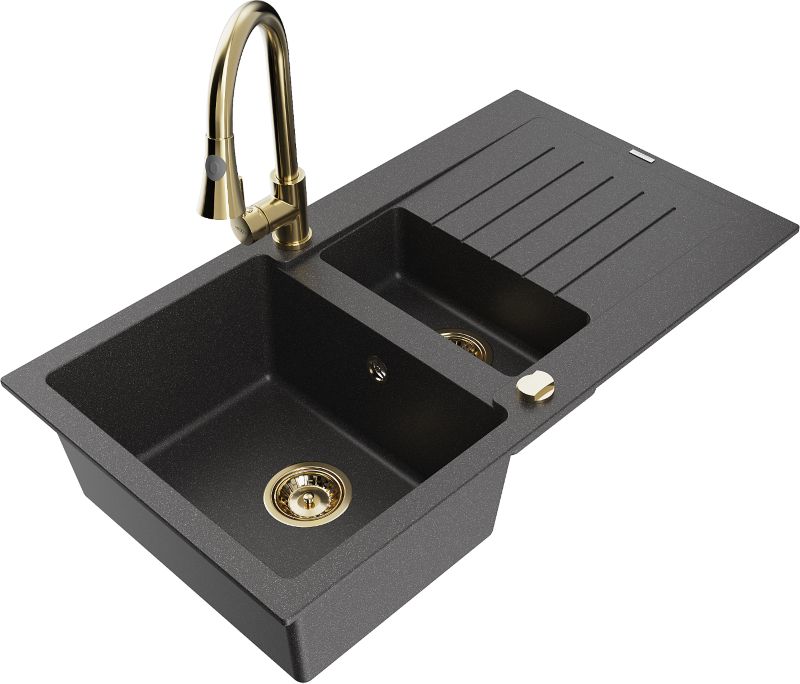 Zlewozmywak granitowy Mexen Matias 1,5-komorowy z ociekaczem i baterią kuchenną Elia czarny 6502-76-670101-50