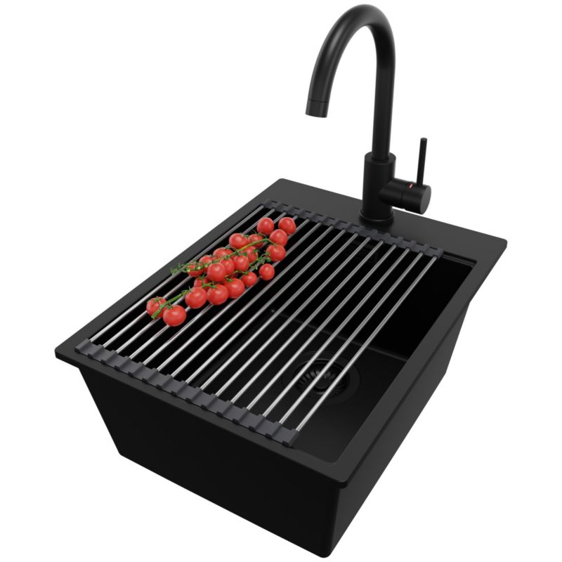 Zlewozmywak Granitowy Oslo PRIMAGRAN Nablatowy 38x50cm do szafki od 40cm z Syfonem i Baterią i Dodatkiem Cały Czarny 1 szt.