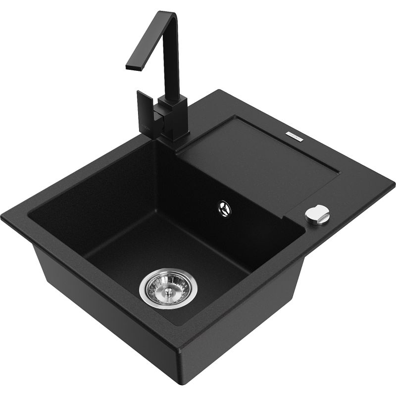 Zlewozmywak granitowy 1-komorowy Mexen Enzo z ociekaczem i baterią kuchenną Rita czarny - 6506-77-670300-00 1 szt.