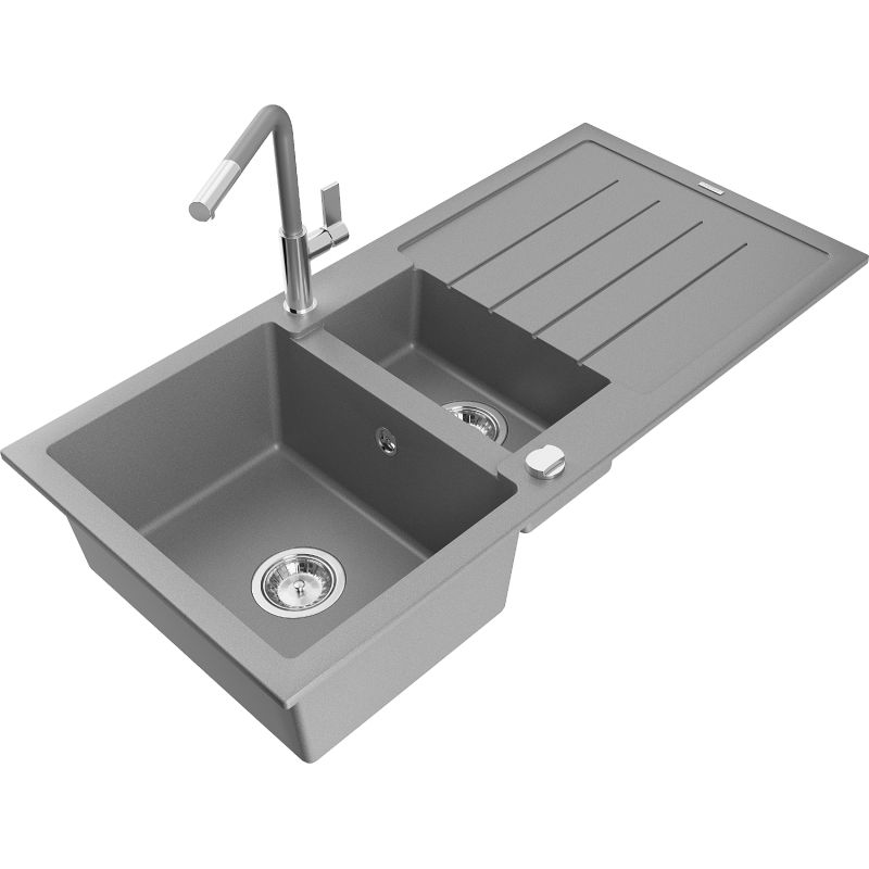 Zlewozmywak granitowy 1.5-komorowy Mexen Andres z ociekaczem i baterią kuchenną Flora szary 6515-71-670401-06