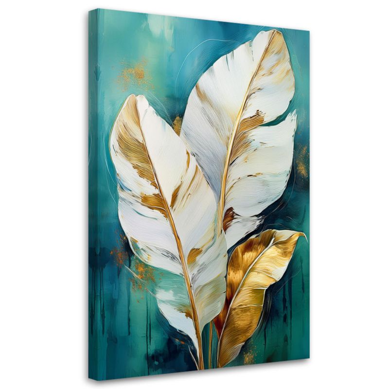 Obraz na płótnie Feeby Liście biało złote na turkusowym tle 70x100cm 1szt