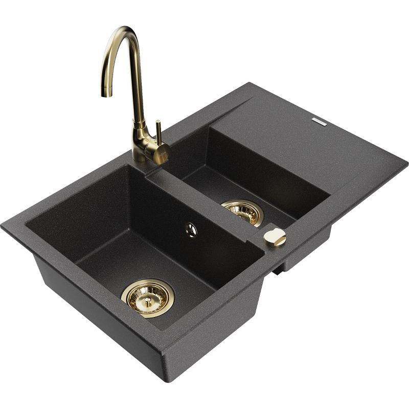 Zlewozmywak granitowy 1.5-komorowy Mexen Gaspar z ociekaczem i baterią kuchenną Telma czarny/srebrny - 6507-73-670200-70 1 szt.