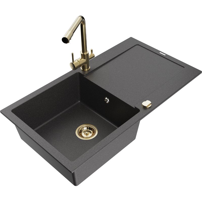 Zlewozmywak granitowy 1-komorowy Mexen Leo z ociekaczem i baterią kuchenną Duero czarny nakrapiany 6501-76-671600-50