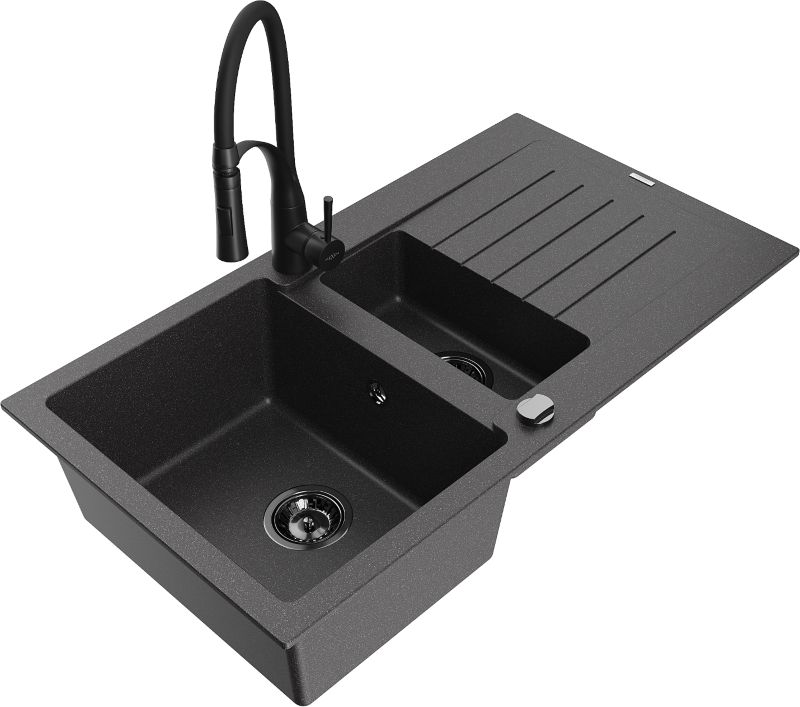 Zlewozmywak granitowy Mexen Matias 1,5-komorowy z ociekaczem i baterią kuchenną Carla czarny - 6502-76-670700-76 1 szt.