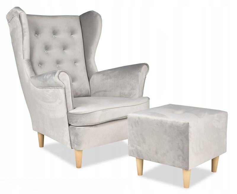 Fotel uszak do salonu z podnóżkiem Family Meble Diana srebrny 1szt