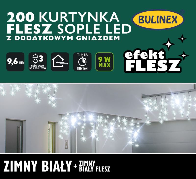 Kurtyna zewnętrzna Bulinex sople 200 LED 9,6 m barwa zimna biała + biały flesz