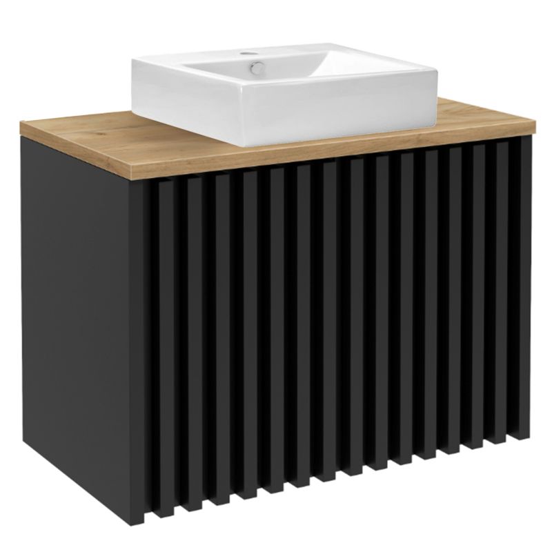 Szafka do Łazienki Czarna Lamele z Umywalką i Blatem Dąb 80x56x45cm Wisząca