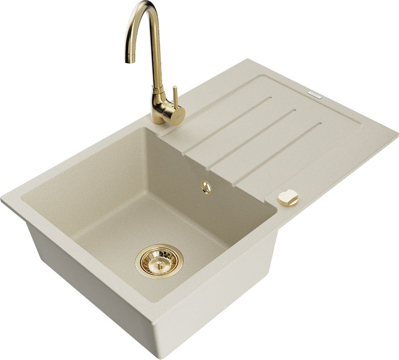 Zlewozmywak granitowy Mexen Bruno 1-komorowy z ociekaczem i baterią kuchenną Telma beżowy - 6513-69-670200-00 1 szt.