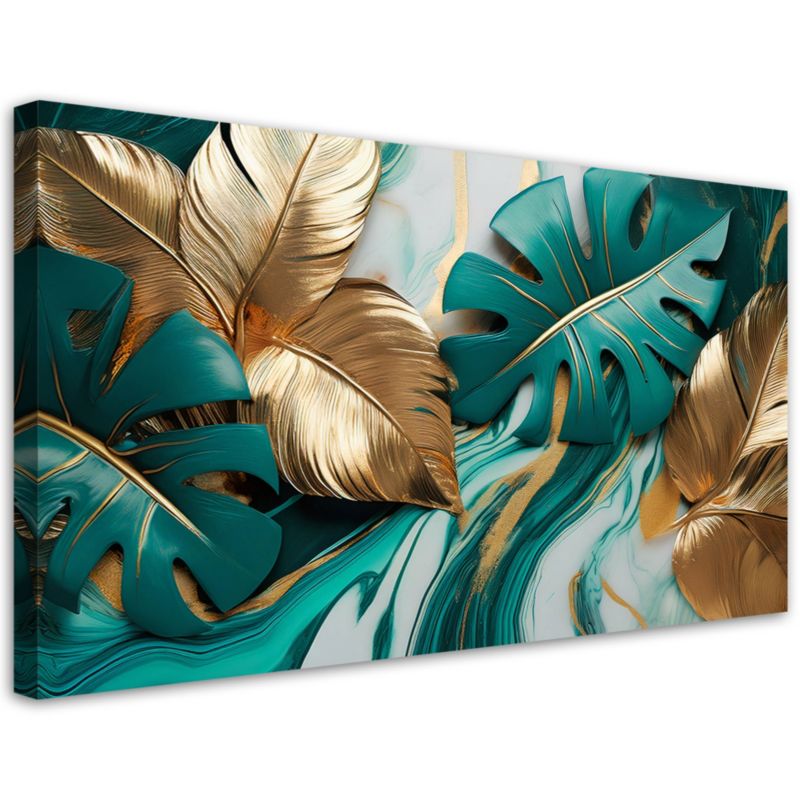 Obraz na płótnie Feeby Liście Monstery Złoty Turkusowy Marmur 80x40cm 1szt