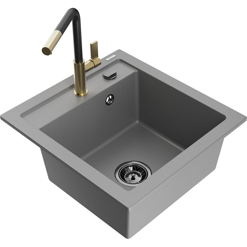 Zlewozmywak granitowy 1-komorowy Mexen Vito z baterią kuchenną Flora szary 6503-71-670401-57-B