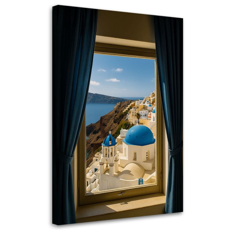 Obraz do salonu sypialni Feeby Widok z okna na Santorini Grecja 70x100cm 1szt