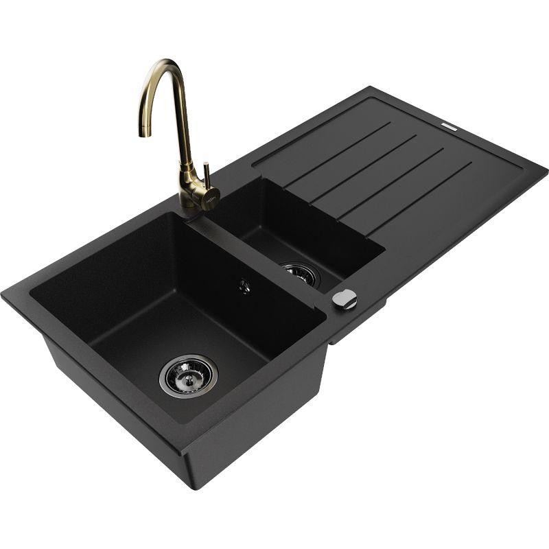 Zlewozmywak granitowy 1.5-komorowy Mexen Andres z ociekaczem i baterią kuchenną Telma czarny - 6515-77-670200-70-B 1 szt.