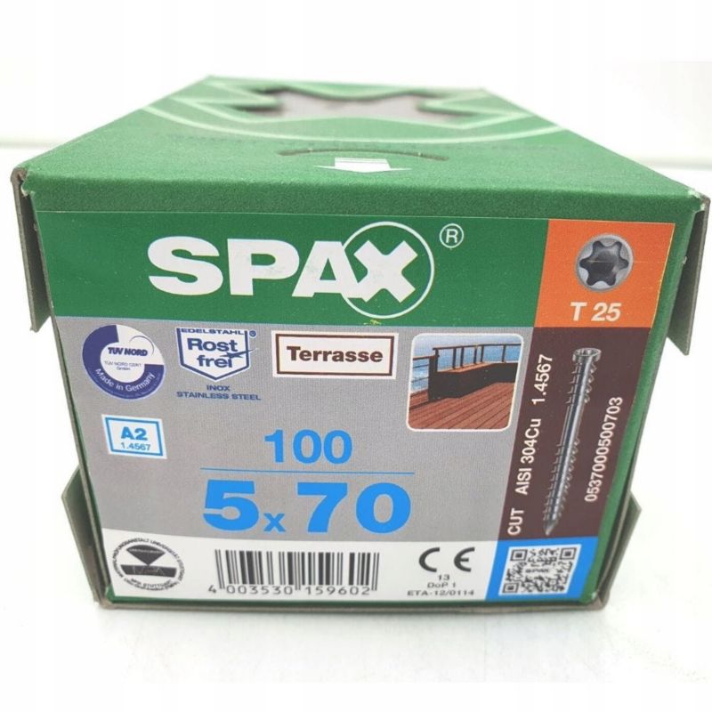 Wkręty Tarasowe Nierdzewne Spax 5x70mm Srebro-Inox 100Sszt.