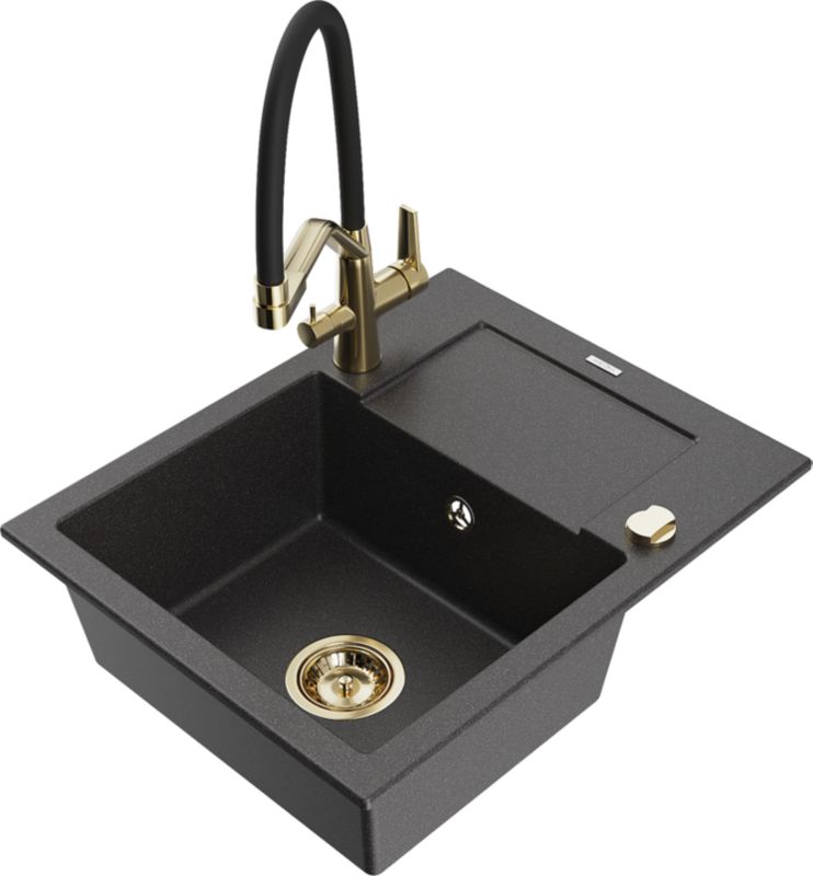 Zlewozmywak granitowy Mexen Enzo 1-komorowy z ociekaczem i baterią kuchenną Duo czarny 6506-76-671701-57-G