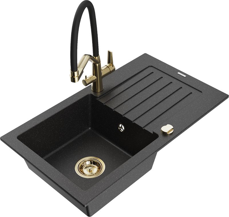 Zlewozmywak granitowy Mexen Pablo 1-komorowy z ociekaczem i baterią kuchenną Duo czarny/srebrny 6510-73-671701-57-G