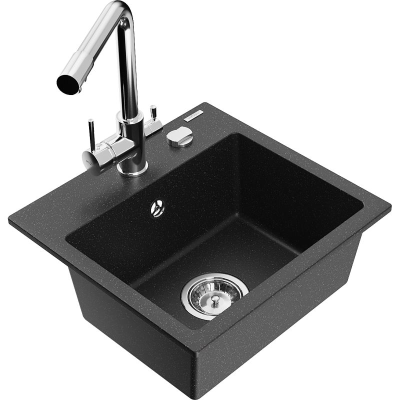 Zlewozmywak granitowy 1-komorowy Mexen Milo z baterią kuchenną Duero czarny/srebrny metalik 6505-73-671600-00