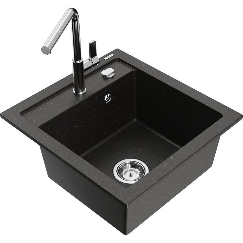 Zlewozmywak granitowy 1-komorowy Mexen Vito z baterią kuchenną Flora czarny/złoty metalik 6503-75-670401-00