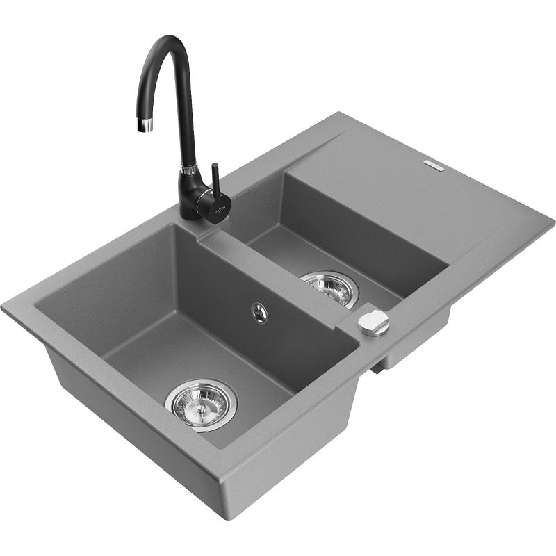 Zlewozmywak granitowy 1.5-komorowy Mexen Gaspar z ociekaczem i baterią kuchenną Telma szary 6507-71-670200-70