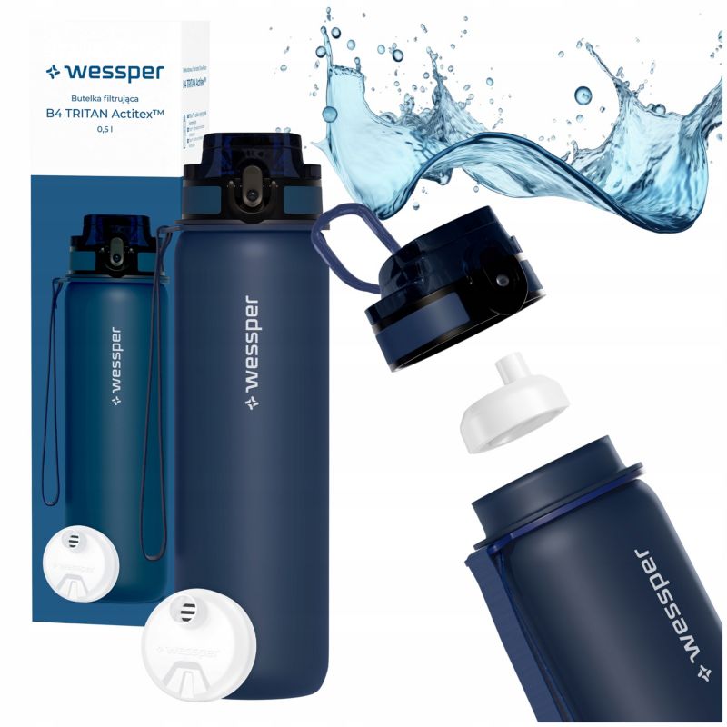Butelka na wodę, Wessper, filtrująca, tritanowa, bidon, z filtrem wody, bez BPA, 500ml, B4 TRITAN Actitex, niebieska, 2szt