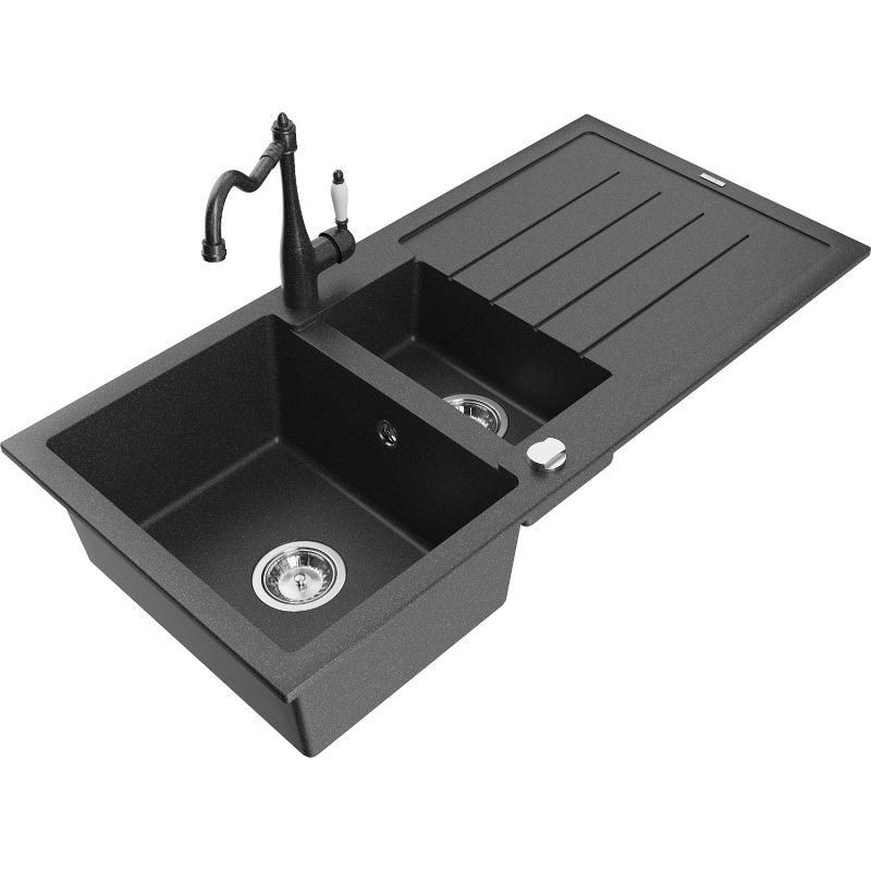 Zlewozmywak granitowy 1.5-komorowy Mexen Andres z ociekaczem i baterią kuchenną Carla czarny/srebrny - 6515-73-670700-70-B 1 szt.