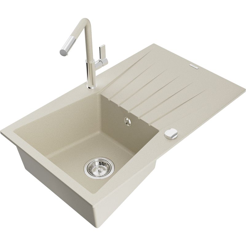 Zlewozmywak granitowy 1-komorowy Mexen Cesar z ociekaczem i baterią kuchenną Flora beżowy 6514-69-670401-09